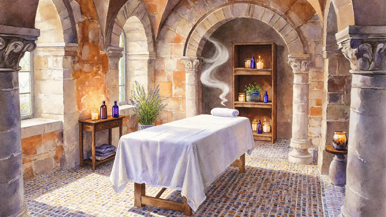 A historic spa interior with vaulted stone arches, lavender bottles, and a draped massage table.