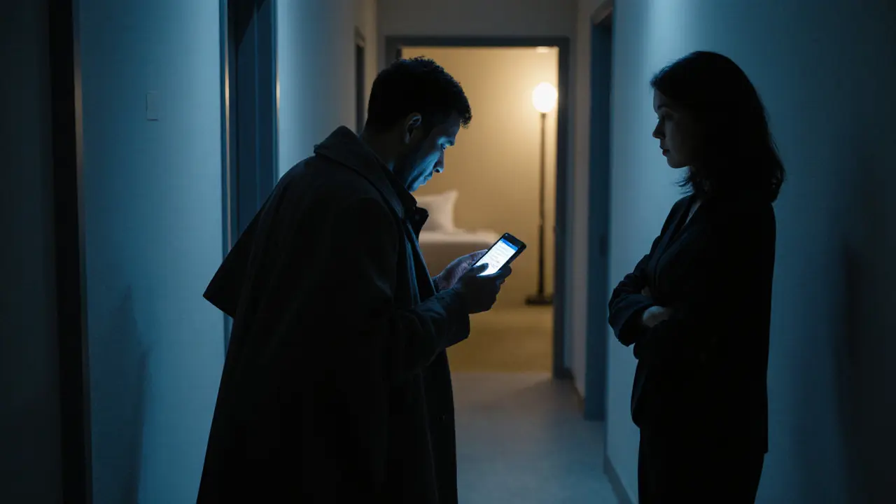 After a night out, a person exits a hotel corridor with a friend and a ride‑share notification.