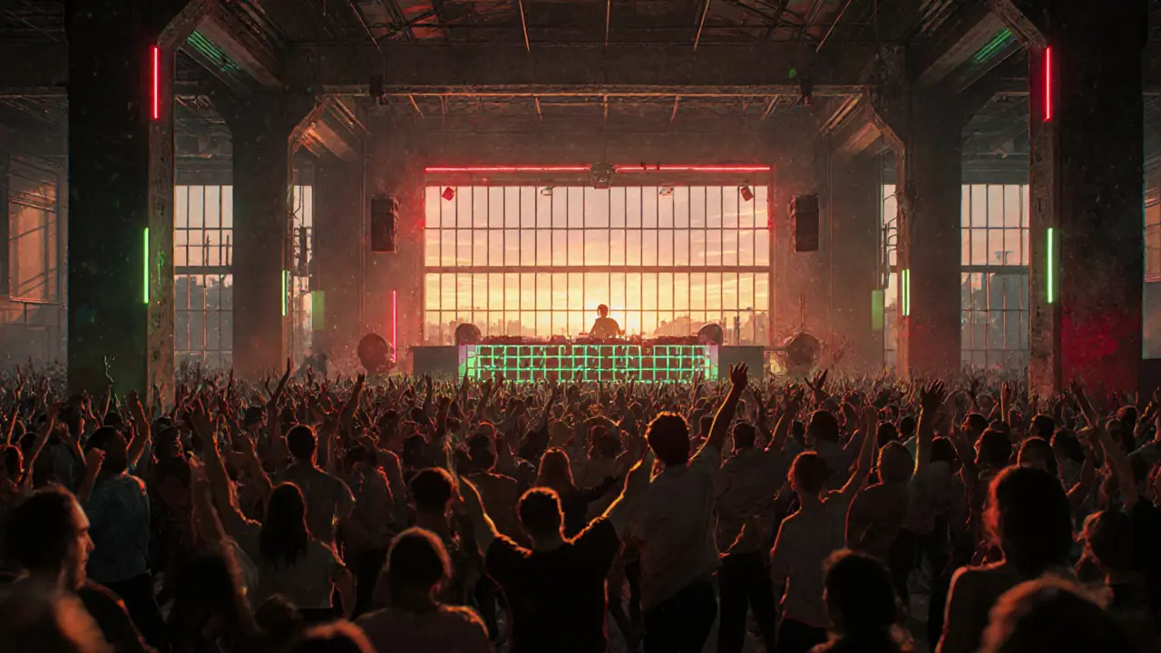 Berlin warehouse techno club at dawn, DJs, dancers, and glowing laser lights.