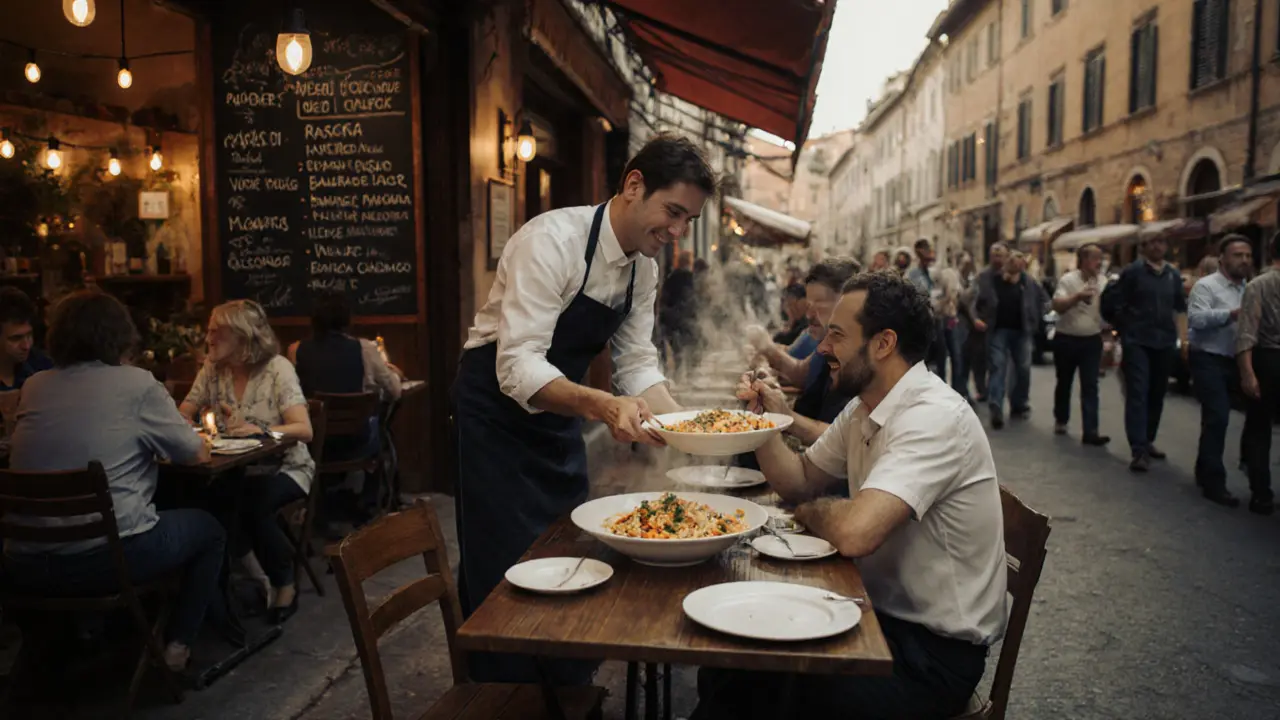 Busy Trastevere trattoria with locals eating pasta at small tables under string lights.