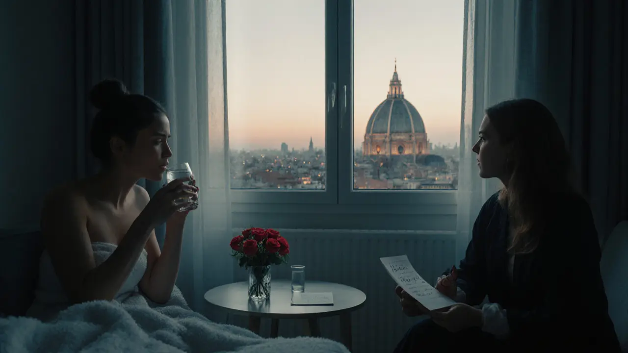 Client receiving after‑care near a window showing Milan skyline at dusk.