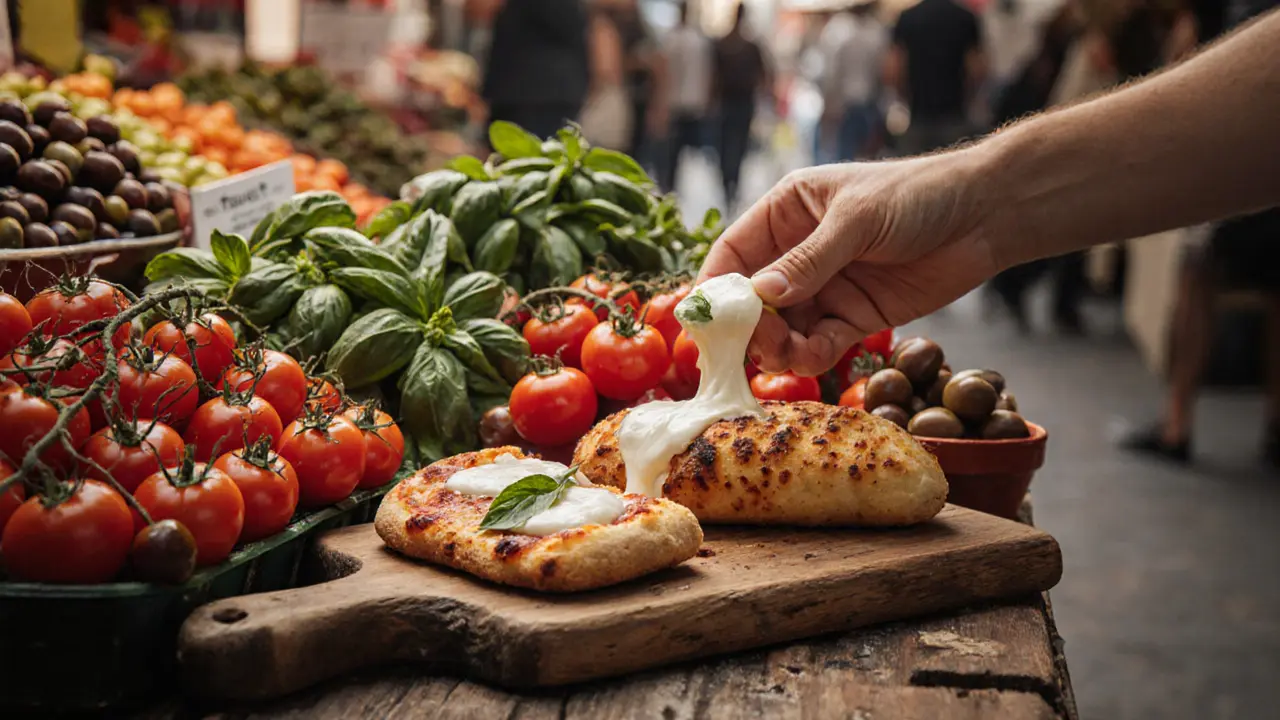 Close-up of Supplì and pizza al taglio on a wooden board amid colorful market stalls.