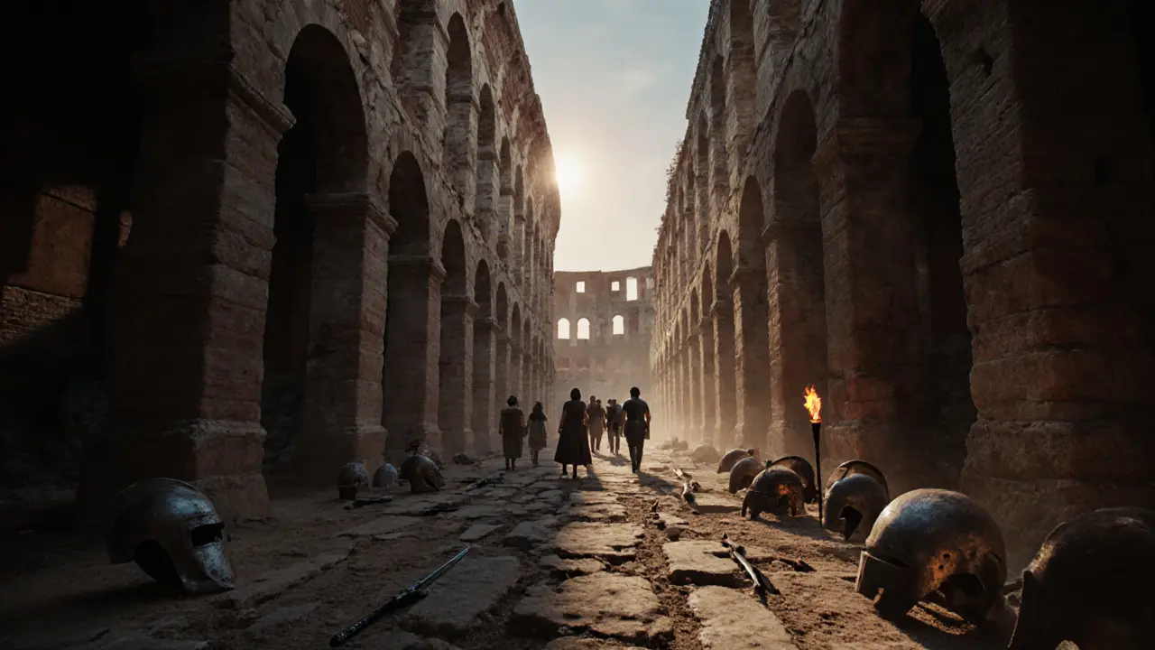 Colosseum underground chamber at dawn with tourists and historic gladiator artifacts.