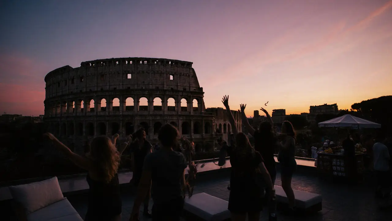 Dancers celebrating sunrise on a rooftop with the Colosseum silhouette.