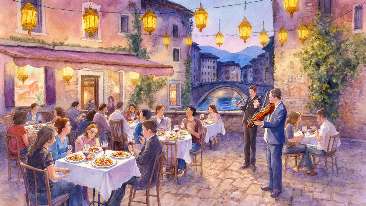 Evening Trastevere piazza with café tables, live violinist, and lantern lighting.