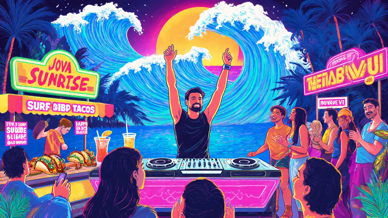 Illustrated festival poster showing DJ Wave, food stalls, and VIP lounge at Jova.