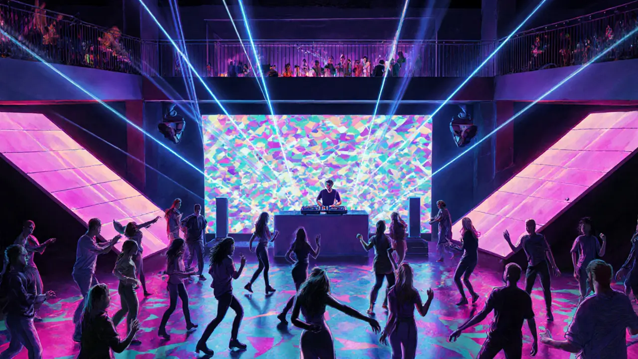 Illustrated interior showing Piper Club's four‑zone dance floor, LED walls, and crowd dancing.