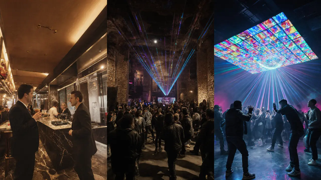 Interior views of three Rome clubs: sleek lounge, industrial warehouse, mirrored cube dance floor.