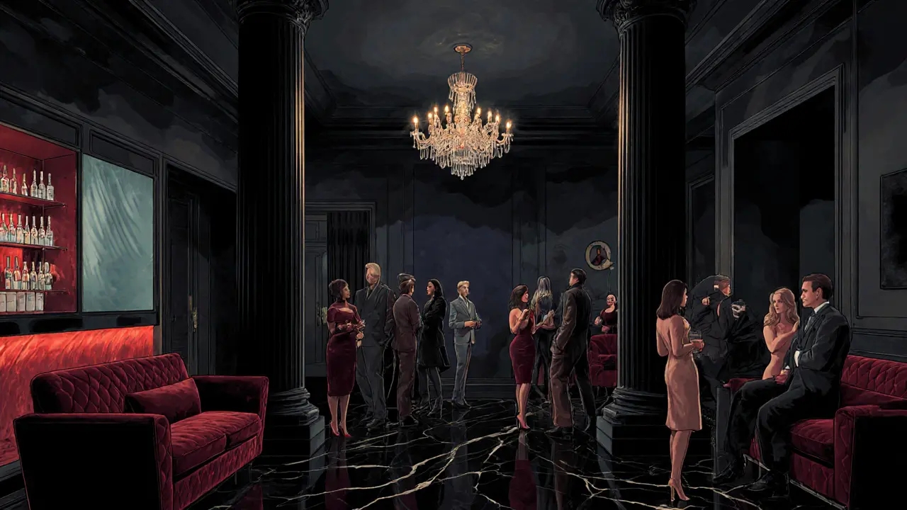 Luxurious swinger club interior with elegant patrons, plush furniture, and a dimly lit private playroom.