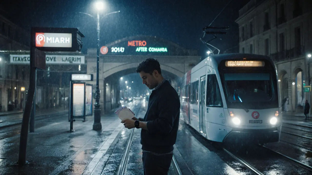 Night street in Milan with a person holding an envelope beside a rideshare car and a metro entrance.