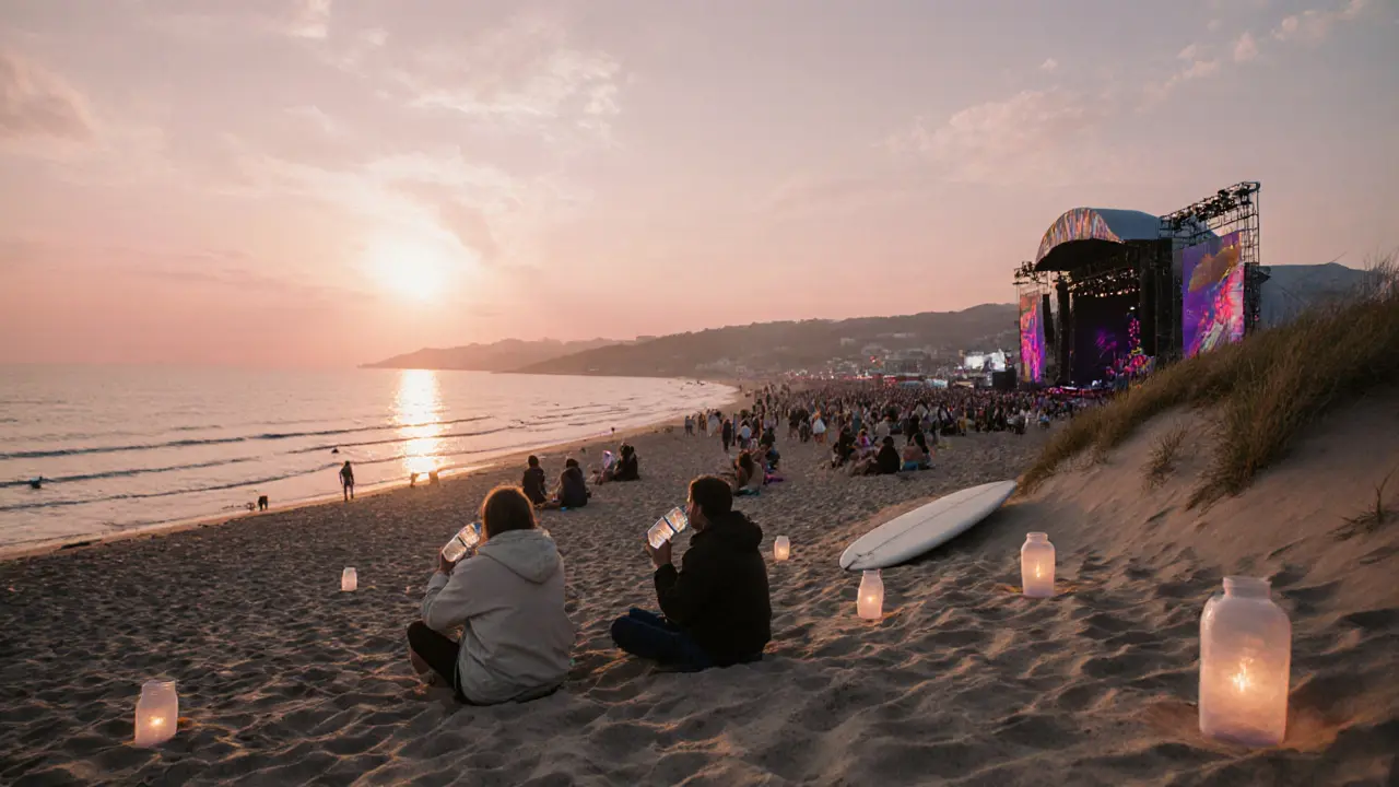 Pastel sunrise over a quiet beach with a few people relaxing after the party.