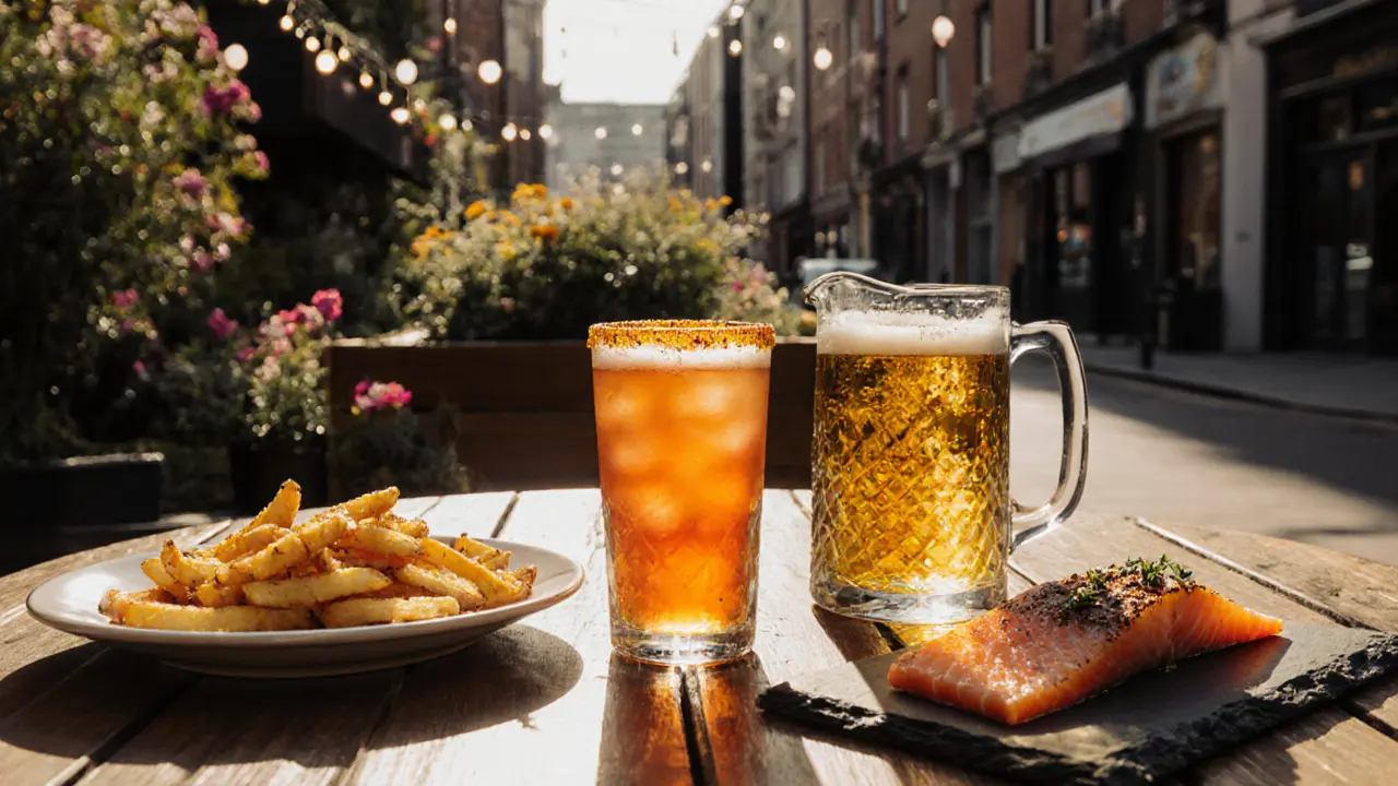 Patio table with Golden Sunrise cocktail, truffle fries, and smoked salmon platter.