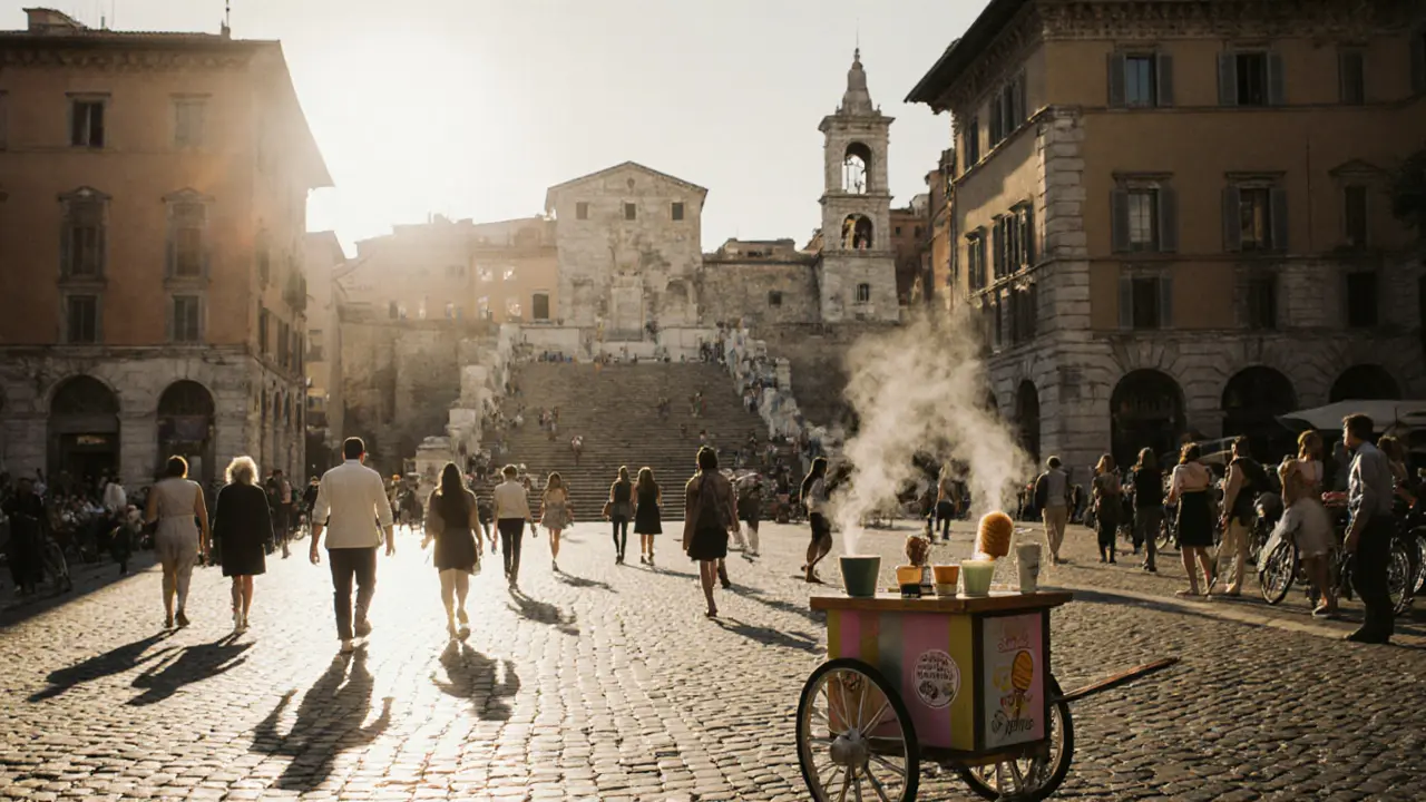 People enjoying espresso and gelato in a sunlit Roman piazza near the Spanish Steps.