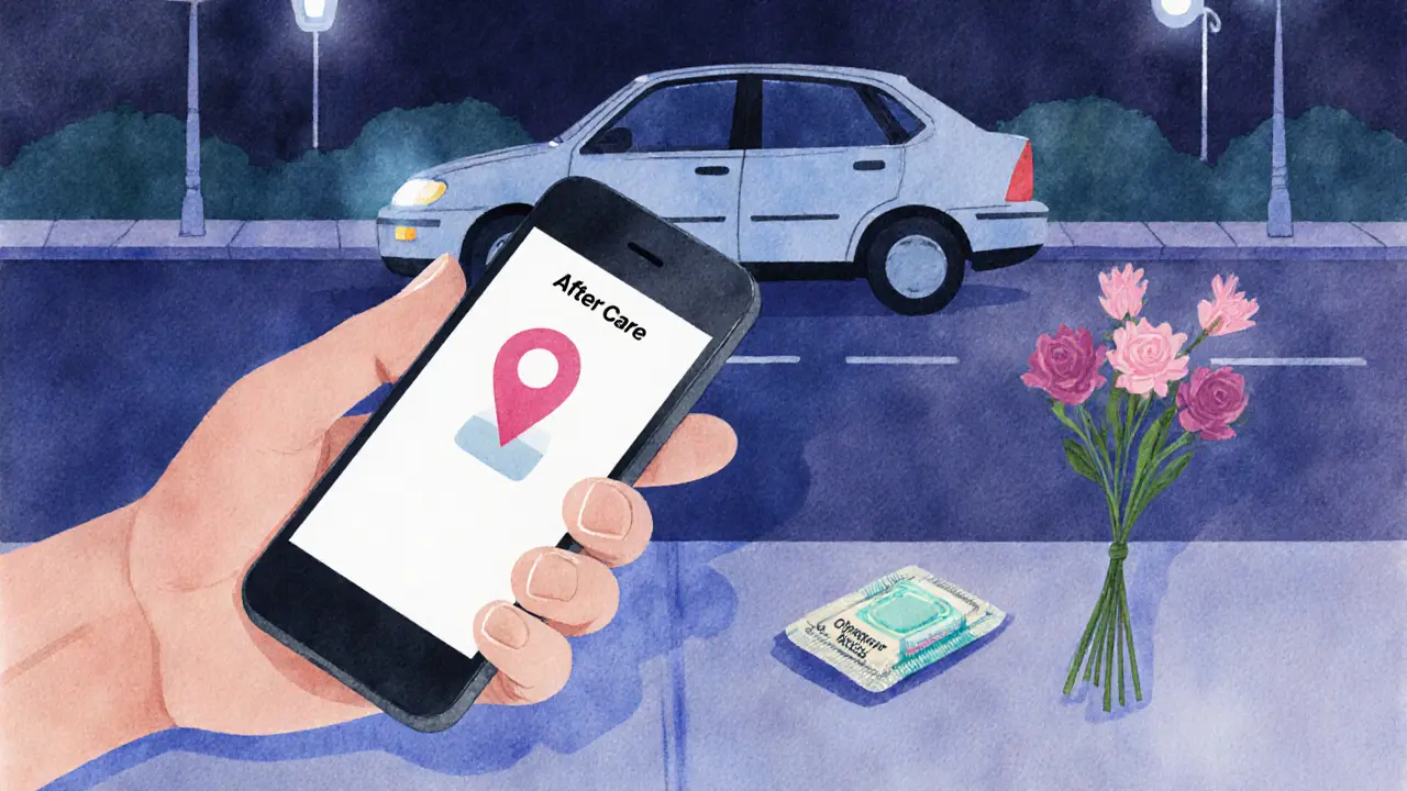 Phone showing location sharing and a rideshare car arriving at night.
