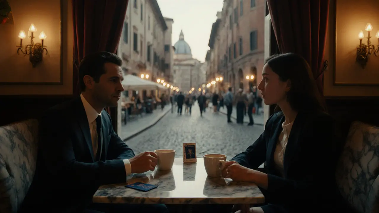 Professional meeting in a Roman café with coffee, ID check, and historic street view.
