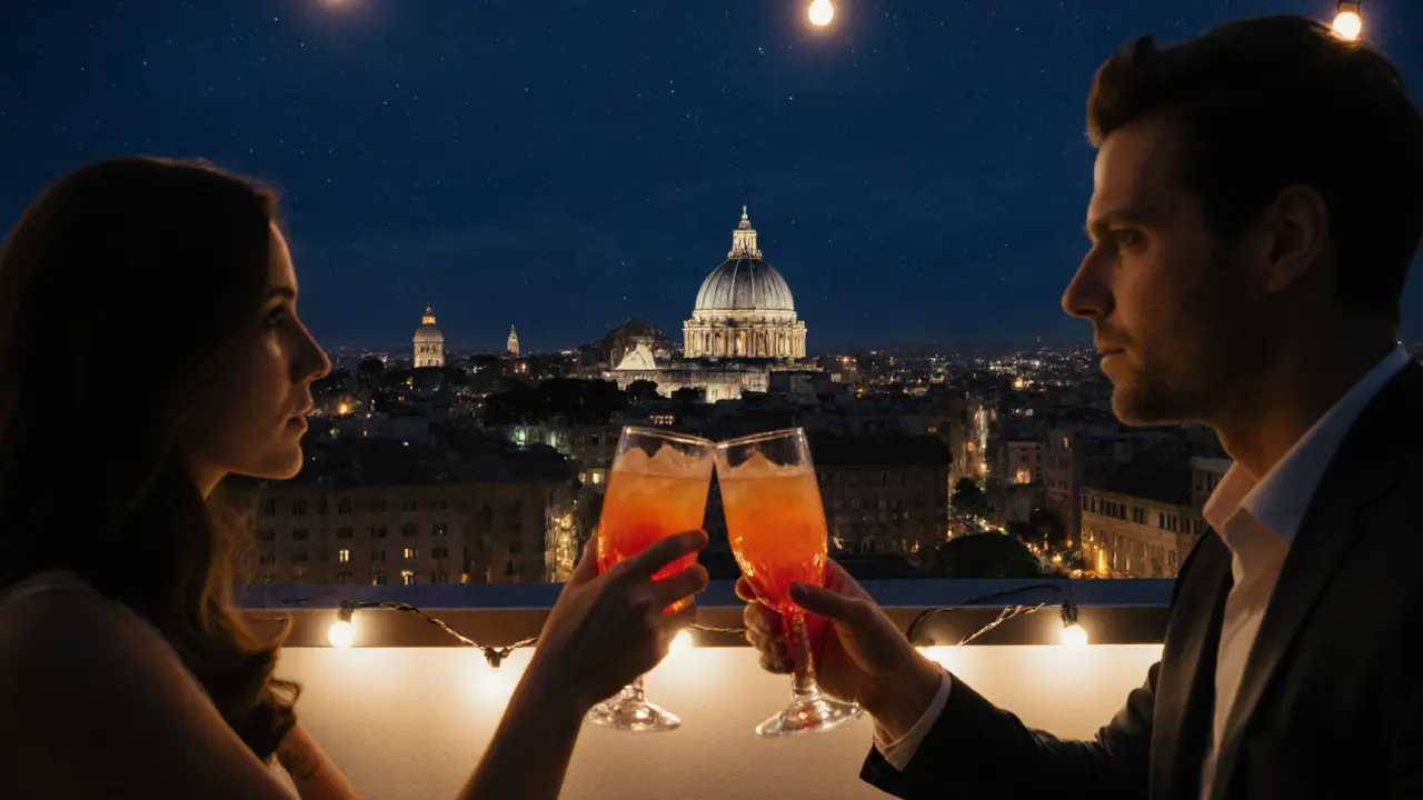 Rooftop bar at night overlooking Rome’s domes, couple enjoying drinks.