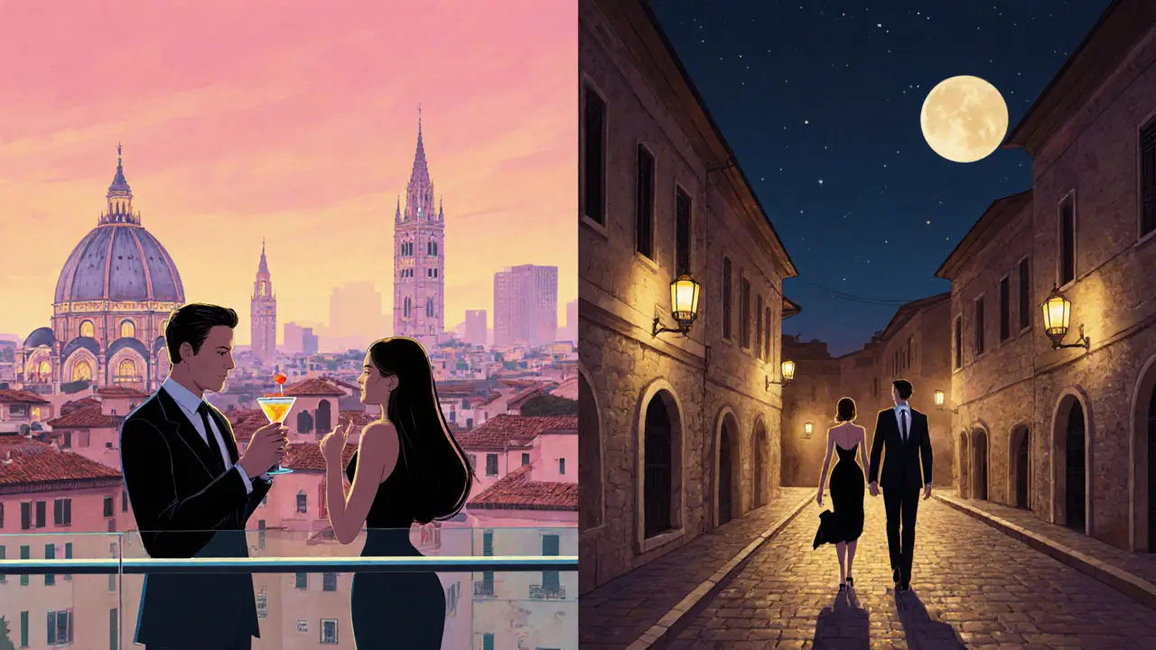 Rooftop bar in Milan and moonlit walk in Rome showing business traveler with escort.