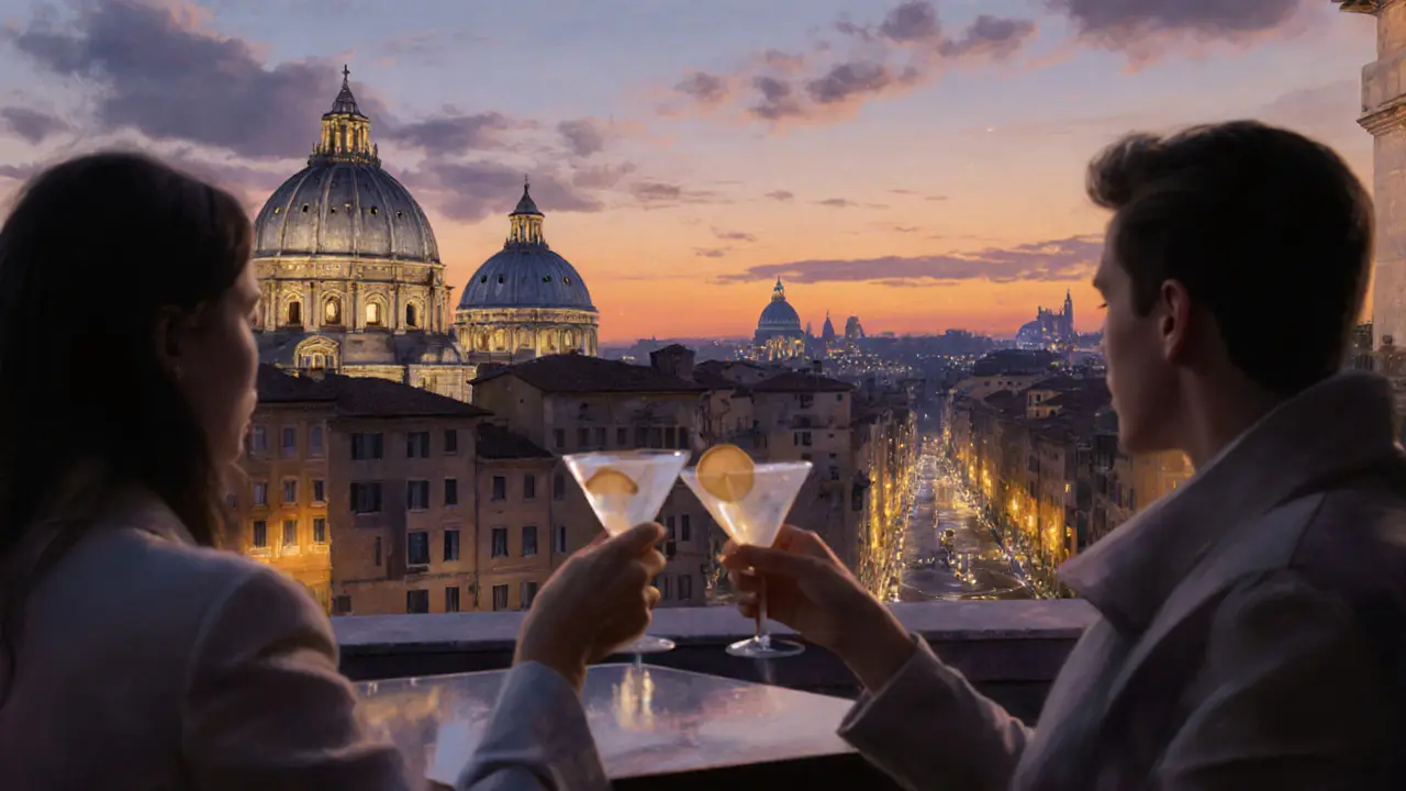 Rooftop bar view over Rome at dusk, couple sipping cocktails with city lights in background.