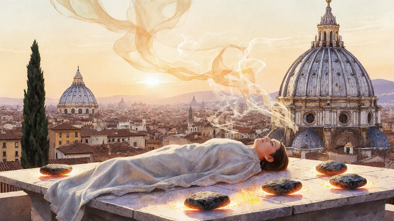 Rooftop massage at golden hour with glowing hot stones and ancient Roman rooftops in the distance.