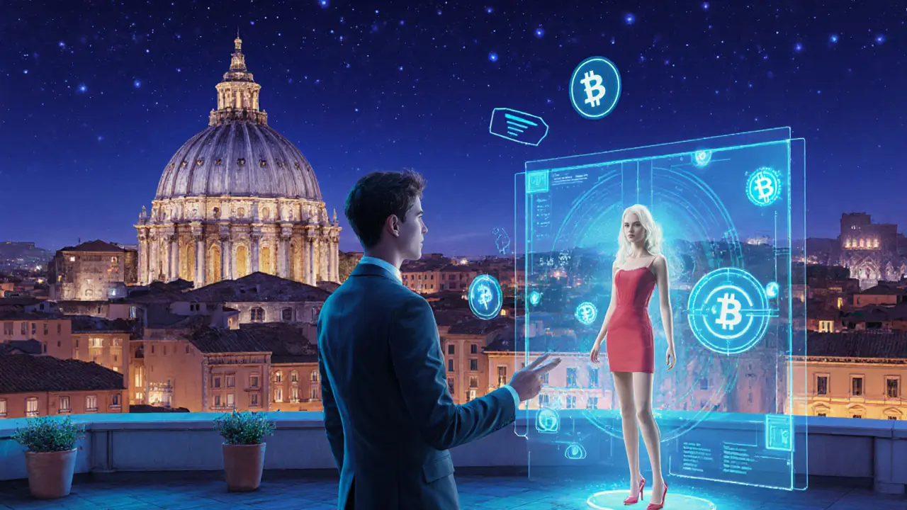 Rooftop scene with holographic escort avatar and futuristic payment graphics over Rome.