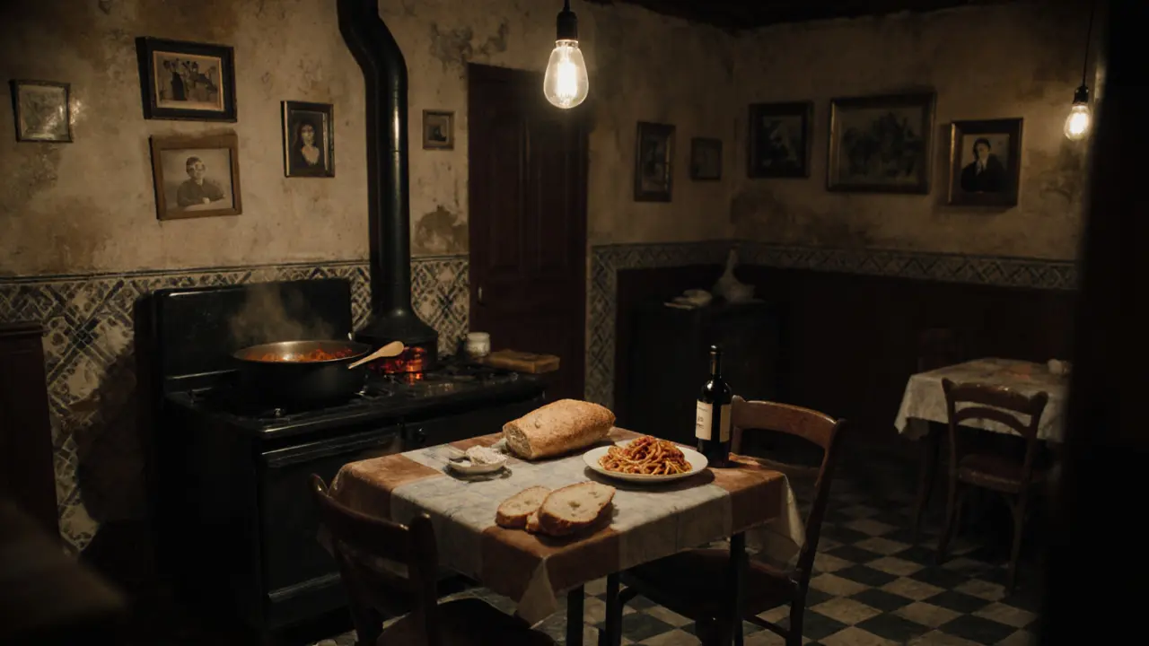 Rustic dining room behind the Colosseum with simmering sauce and family photos on walls.