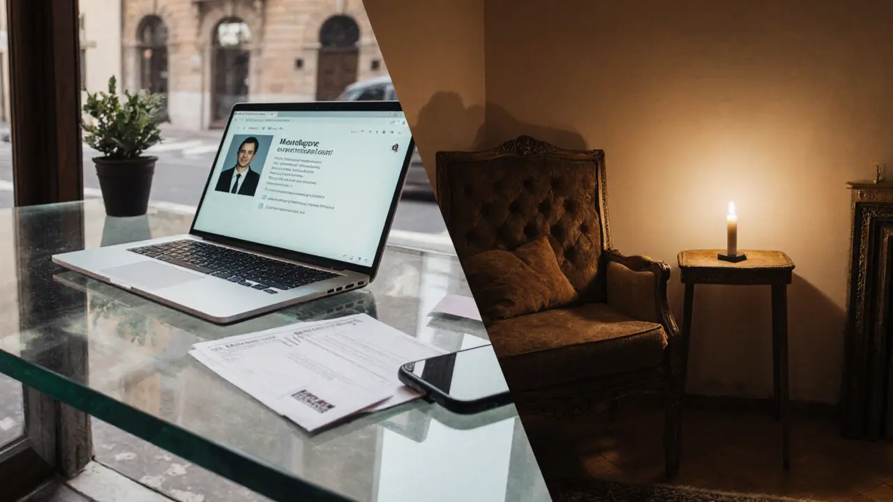 Split view of a modern agency office and a cozy Trastevere apartment.