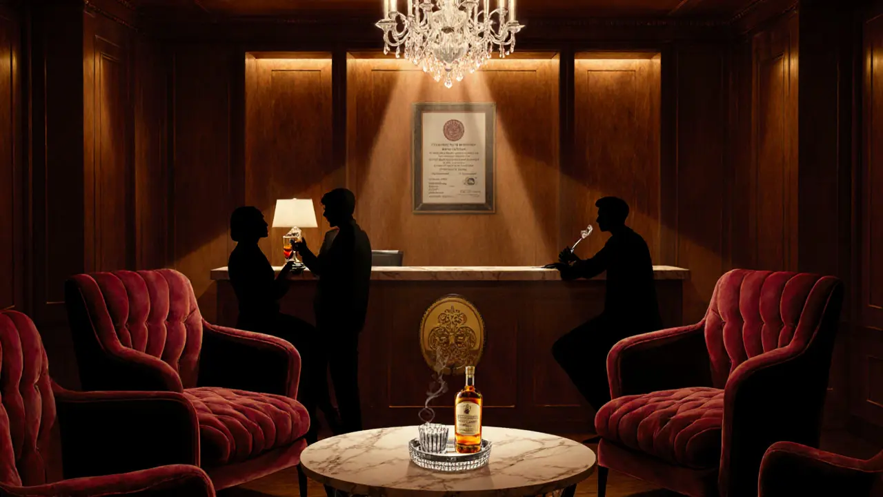 Stylized interior of an elegant gentlemen&#039;s club with plush chairs and a health certificate on the wall.