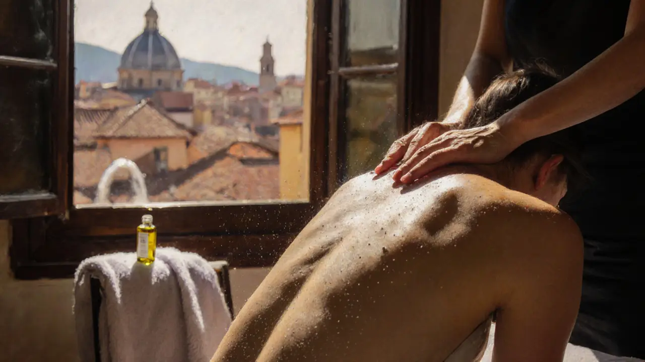 Therapist&#039;s hands working on a traveler&#039;s back with natural oils, sunlight streaming through Trastevere windows.