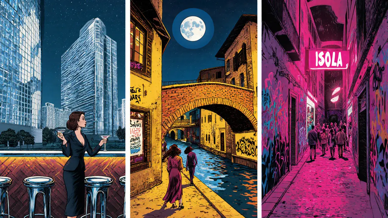 Three panels showing Porta Nuova lounge, Navigli canal bars, and Isola underground club.