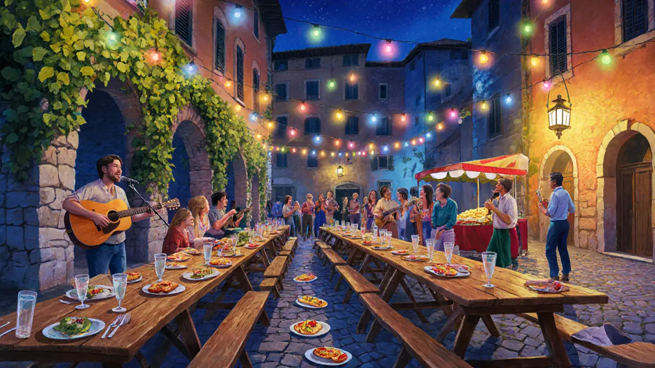 Trastevere piazza at midnight with string lights, outdoor tables, food, and live music.