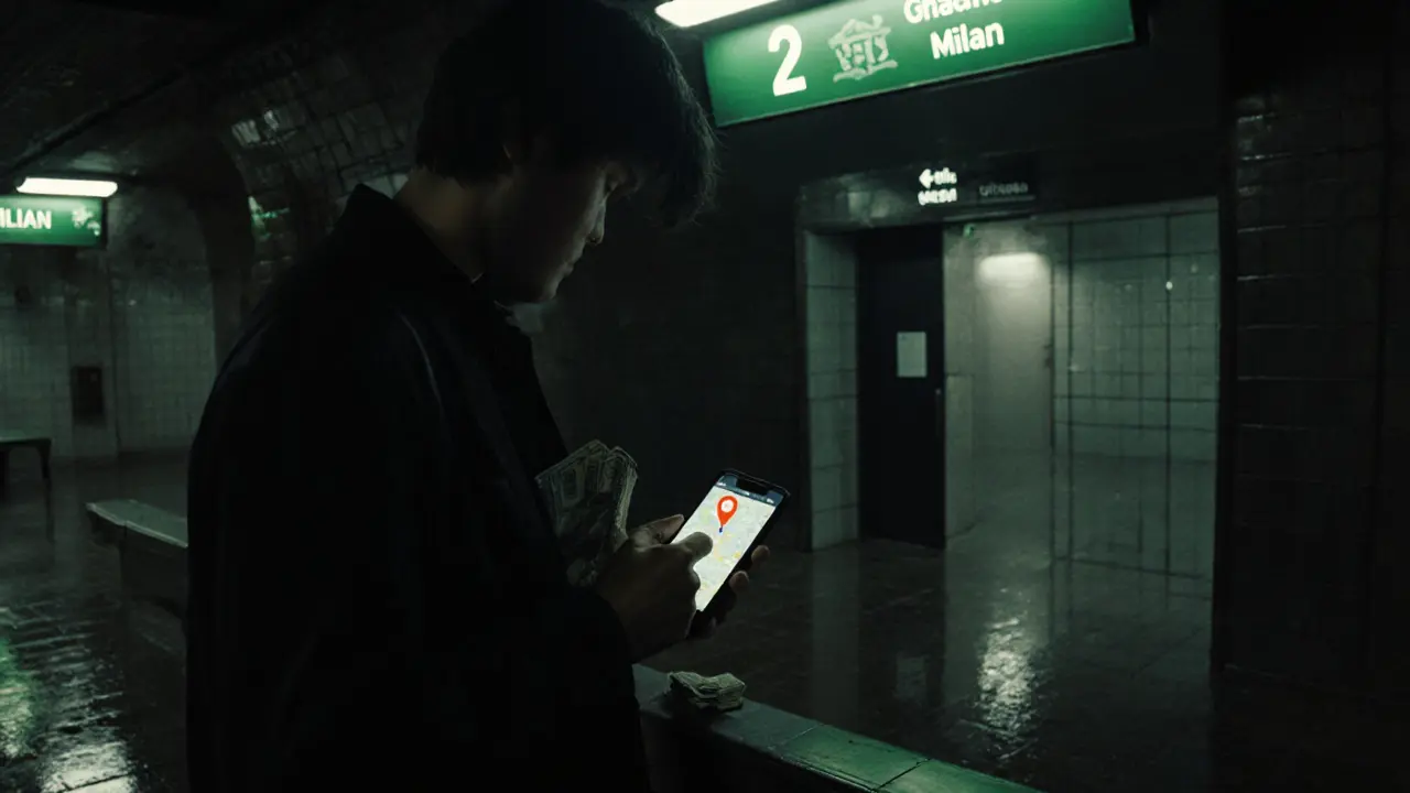 Traveler in a metro station at night, checking a phone map before heading to a private venue.
