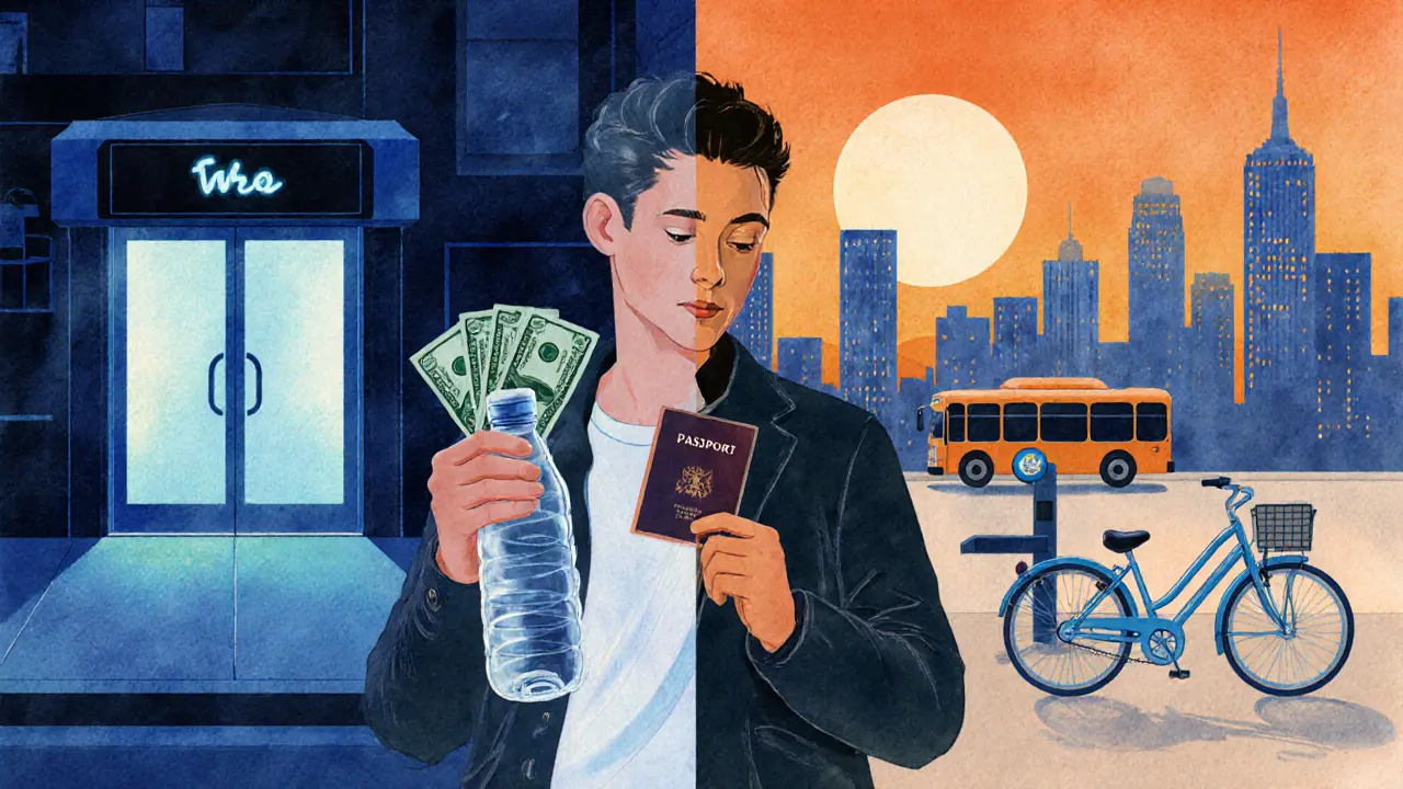 Traveler with ID, cash, and water bottle beside night bus and sunrise skyline.