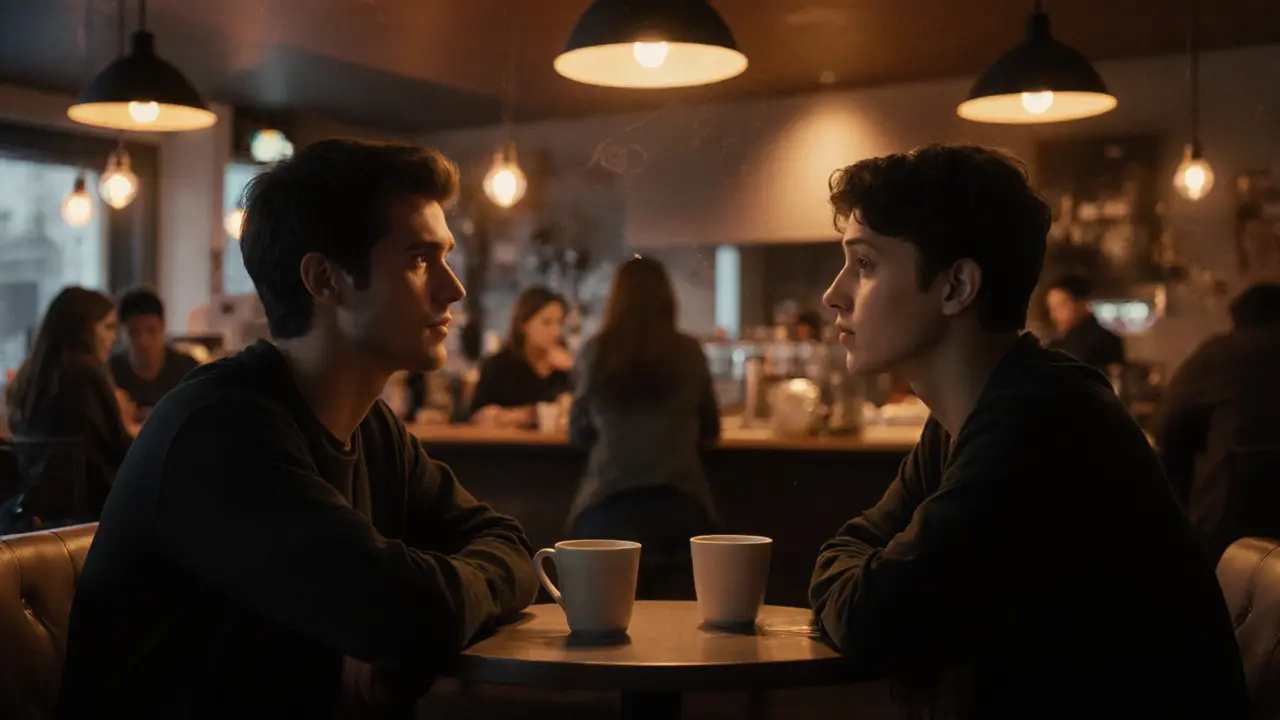Two people chatting over coffee in a warmly lit coffee bar.