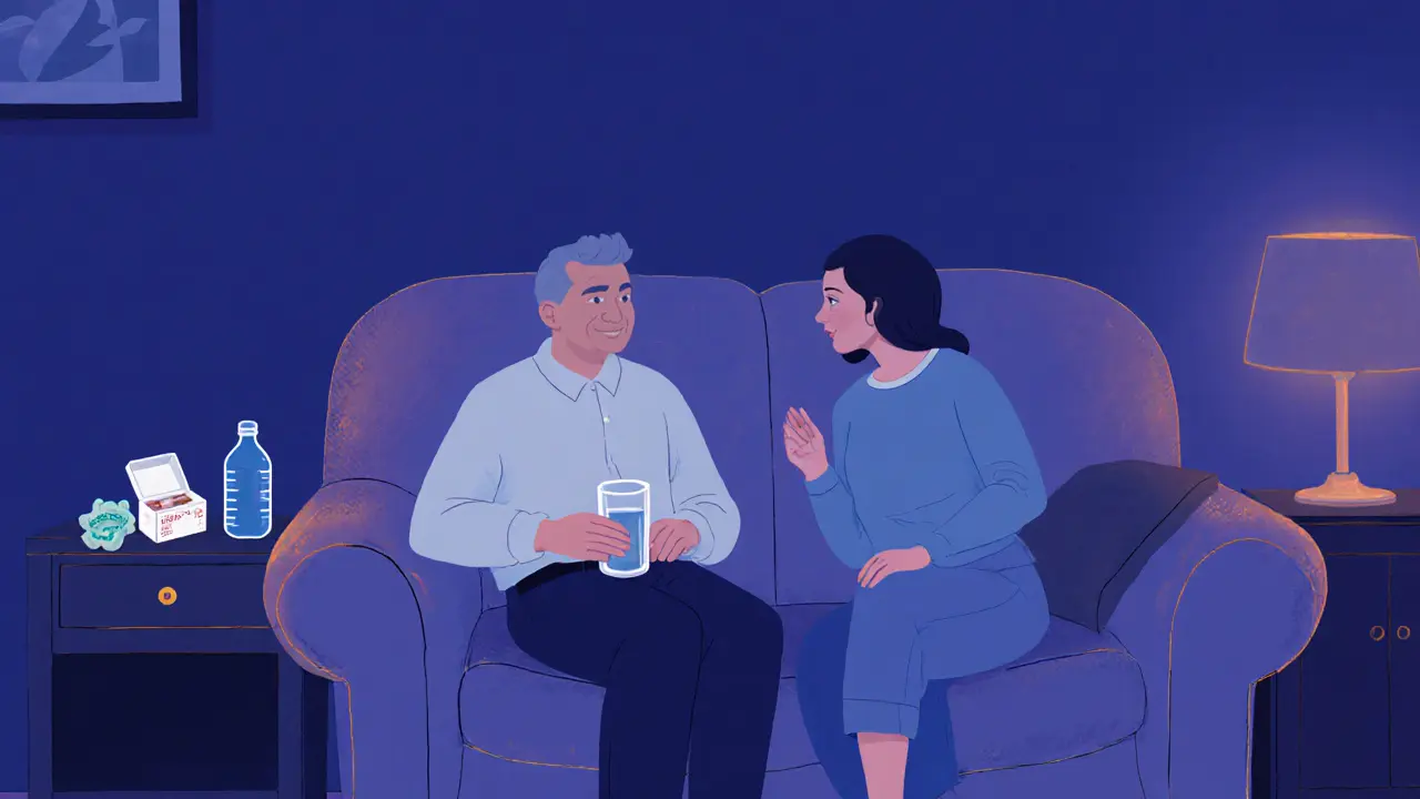 Two people on a couch talking, a condom packet and water bottle on a nightstand indicating consent.