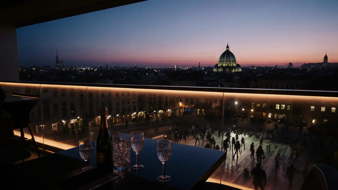 VIP balcony at sunrise with champagne table overlooking Milan skyline and dance floor.
