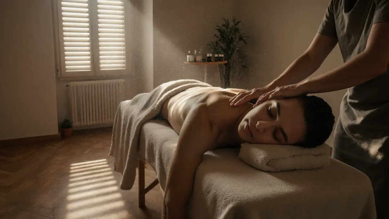 A client relaxed on a massage table, covered by a towel, with soft sunlight filtering through blinds in a minimalist room.