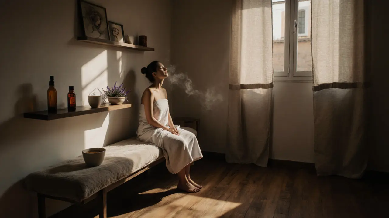 A client relaxes in a serene Trastevere apartment with aromatic oils and soft natural light.