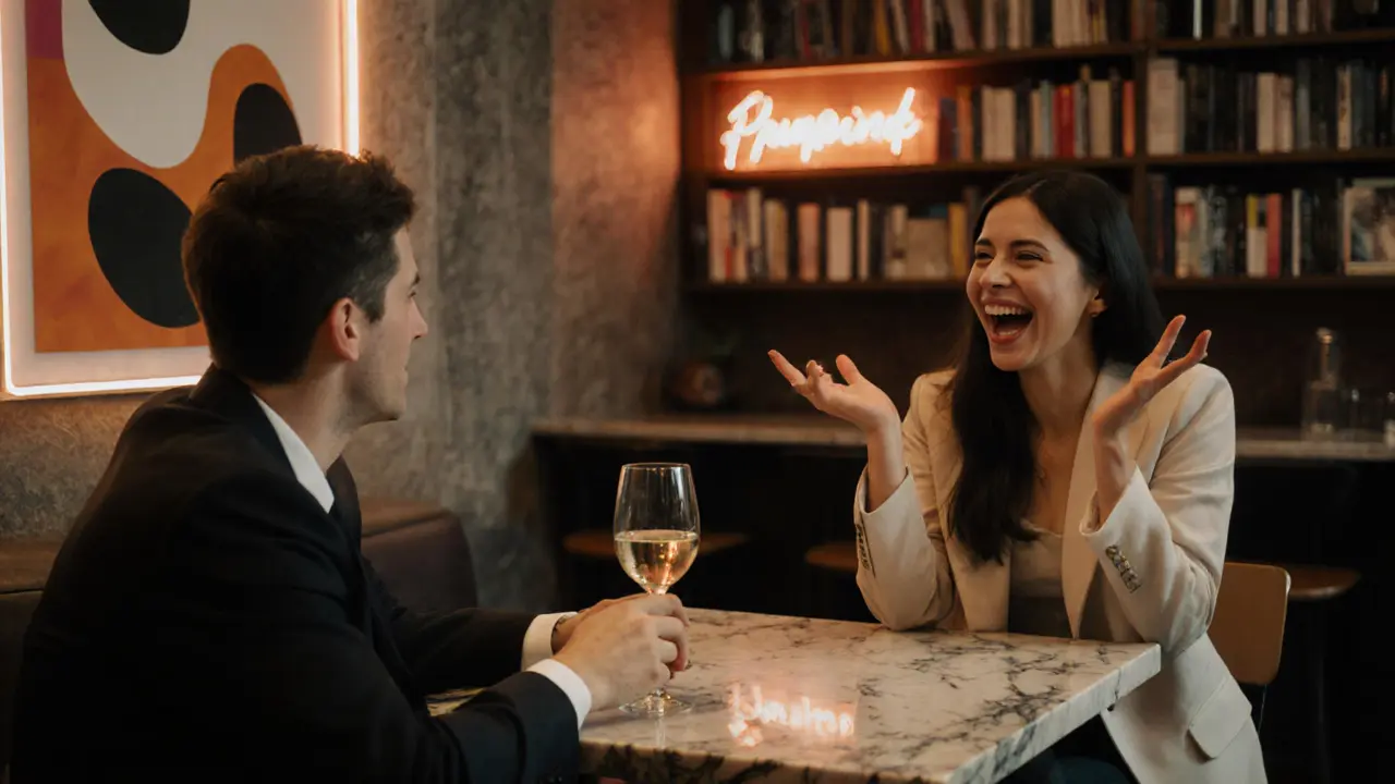 A couple laughing at a stylish bar in Corso Como, surrounded by art and modern design.