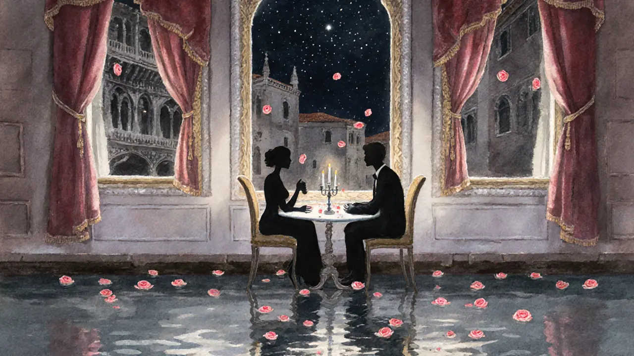 A couple shares a quiet candlelit dinner in a Venetian palazzo, reflected in the still canal below.