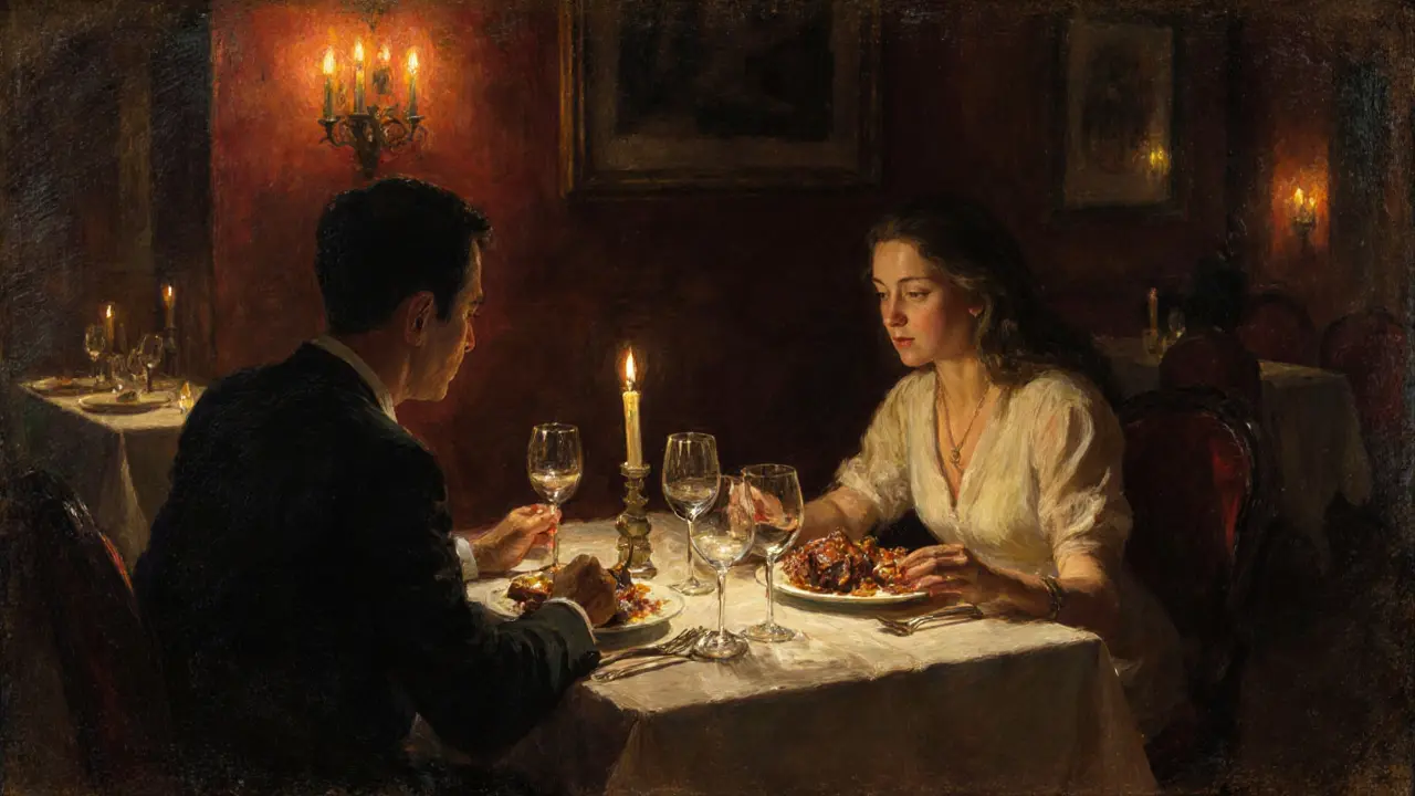 A couple shares a quiet dinner in a Milan trattoria, candlelight illuminating their intimate conversation.