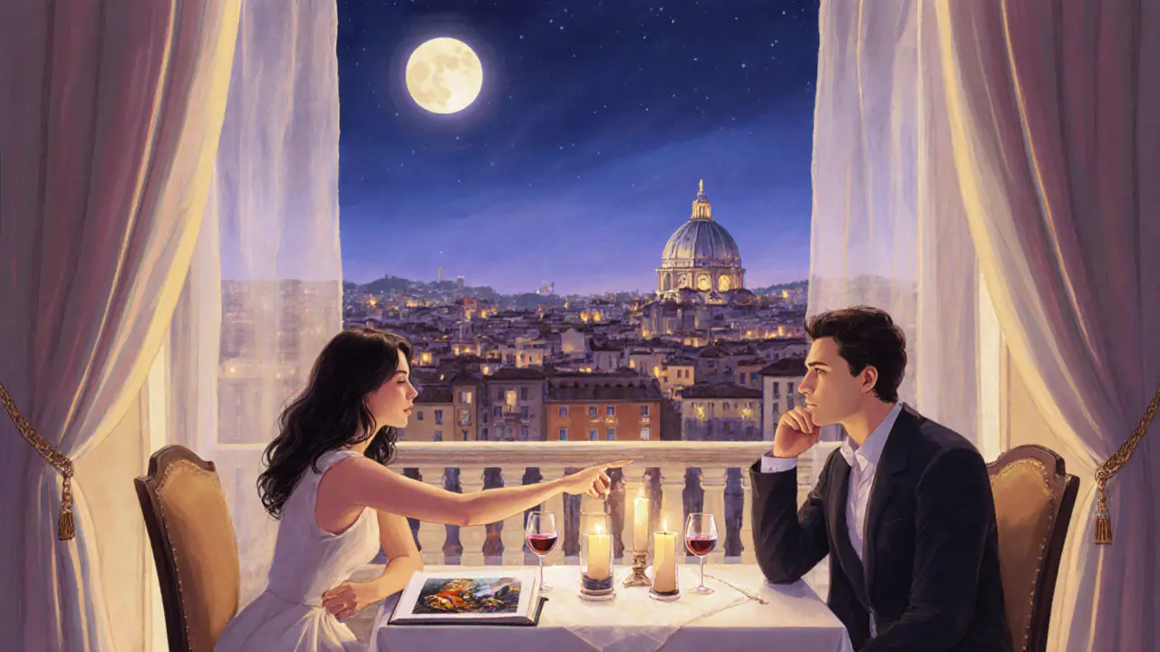 A couple shares a quiet evening on a hotel balcony in Rome, overlooking the city with candlelight and wine.