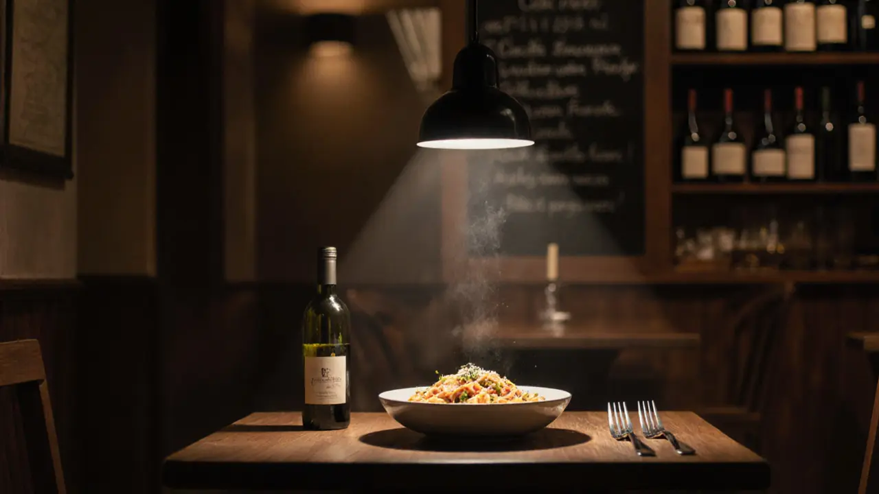 A cozy Roman trattoria table with cacio e pepe and wine, lit by warm pendant light in the evening.