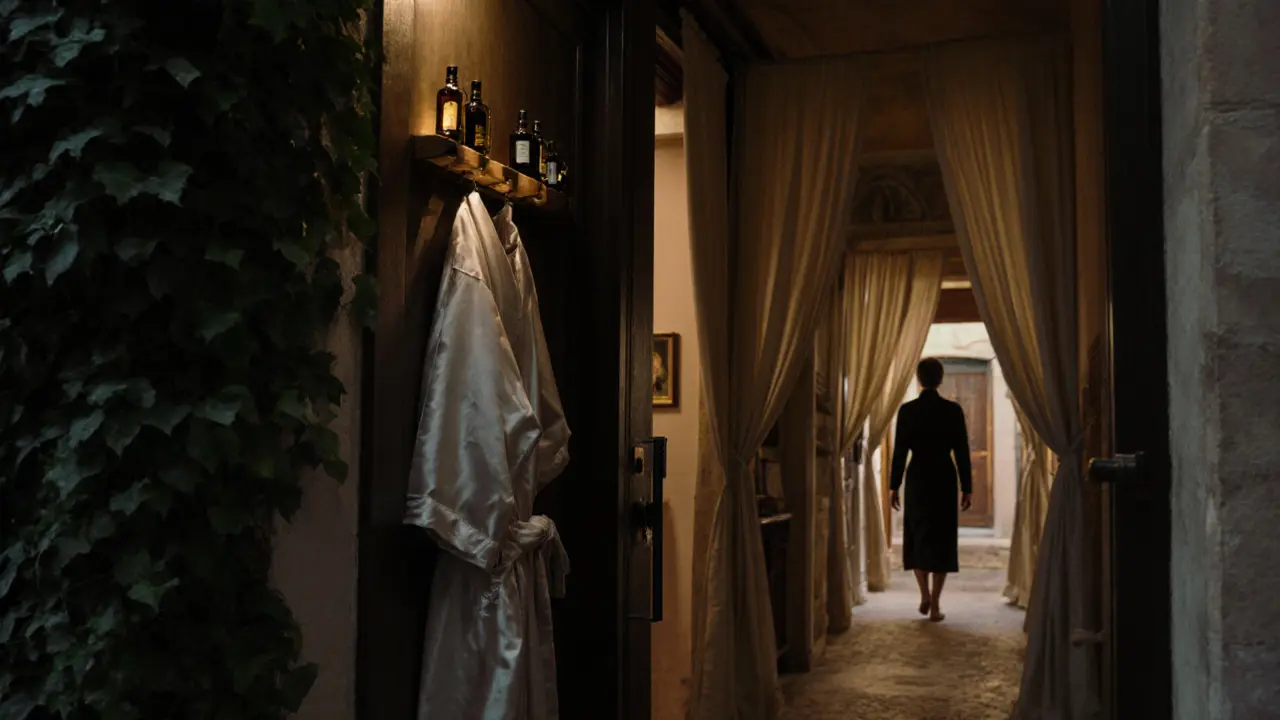 A discreet entrance in Milan&#039;s Brera district leading to a private wellness sanctuary with silk robes and warm ambient light.