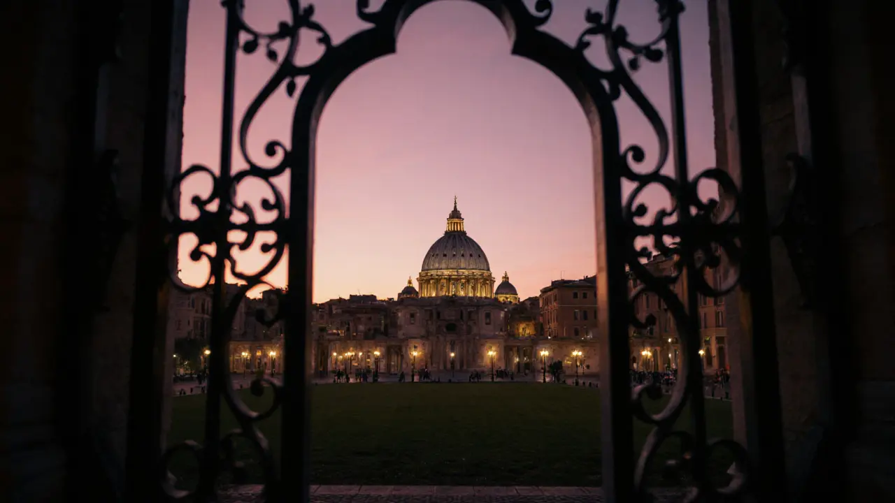 A framed view of St. Peter’s Dome seen through the secret keyhole on Aventine Hill at sunset.