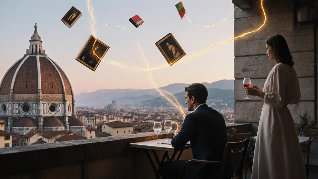 A golden thread connects a man at a café to a woman near the Uffizi, symbolizing deep emotional connection.