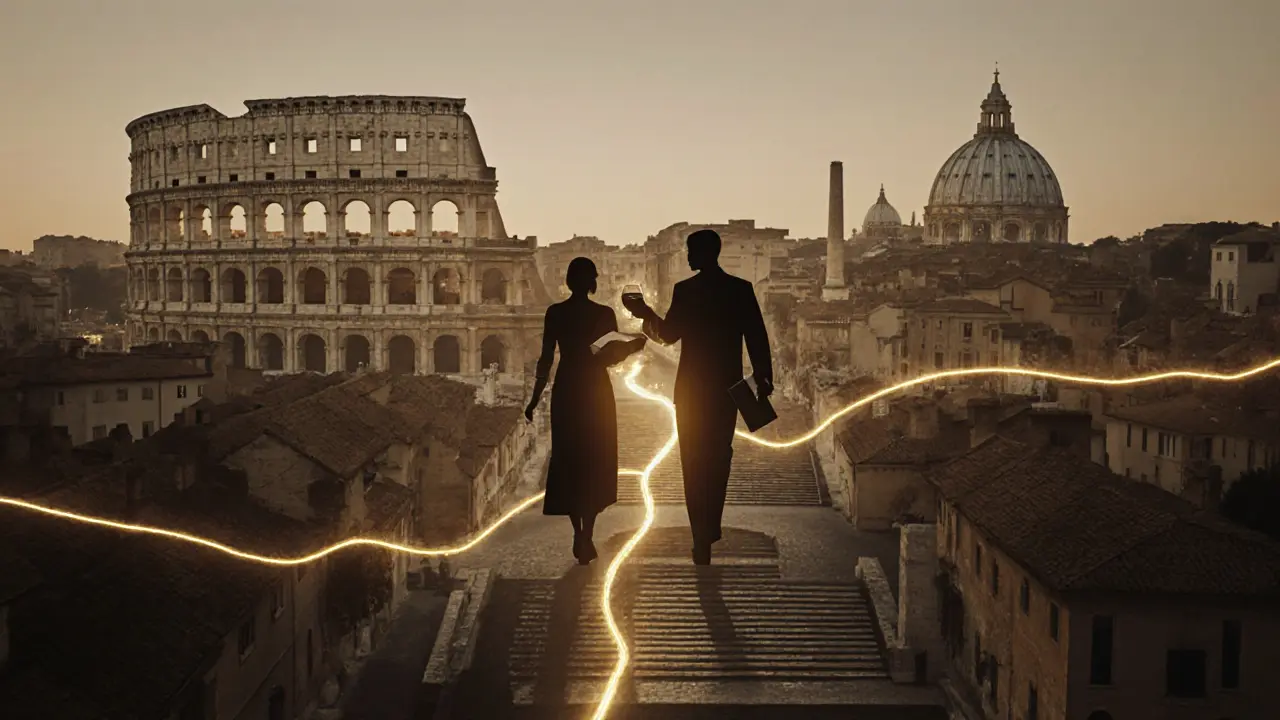 A golden thread connects two silhouettes as they walk through Rome’s iconic landmarks, symbolizing deep human connection.