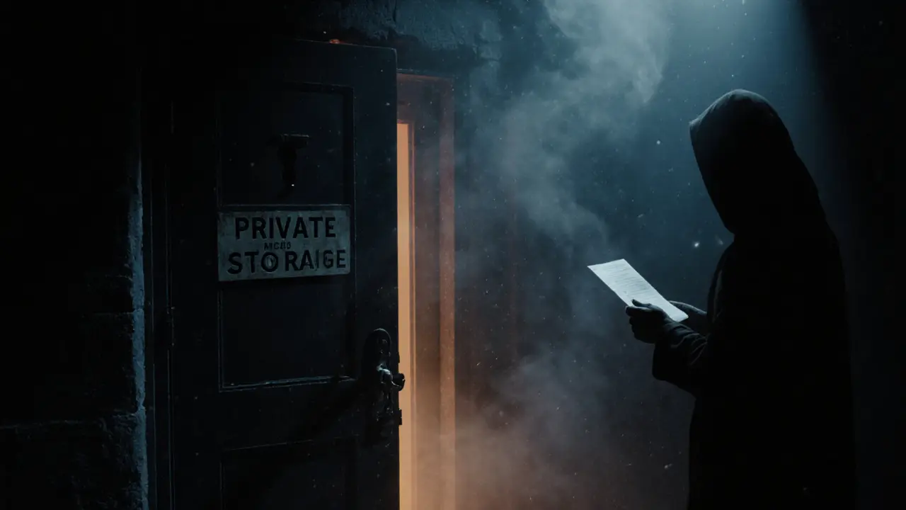 A hidden underground door marked &#039;Private Storage&#039; glows faintly with warm light.