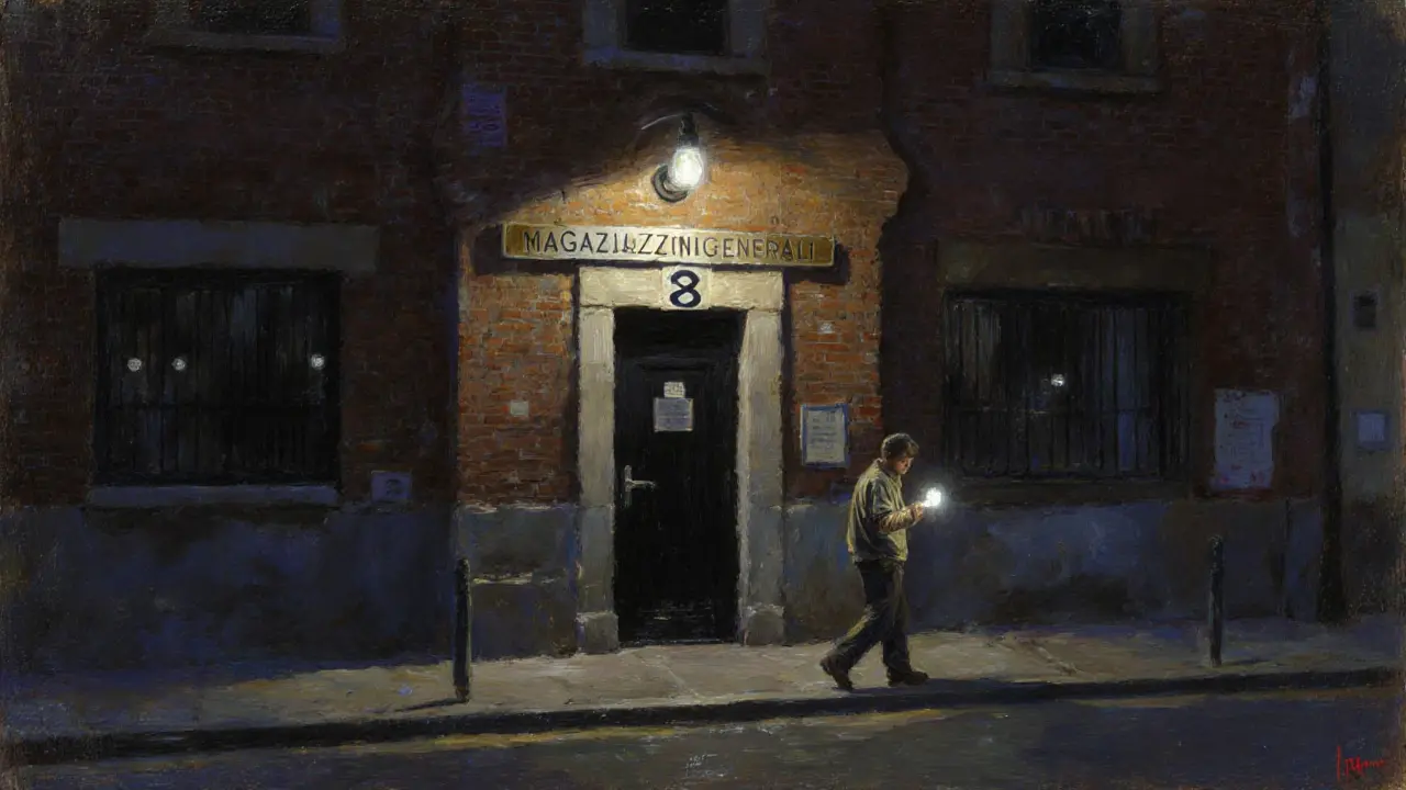 A lone person approaches a dark, unmarked factory door at night, the only sign of a hidden nightclub in Milan.