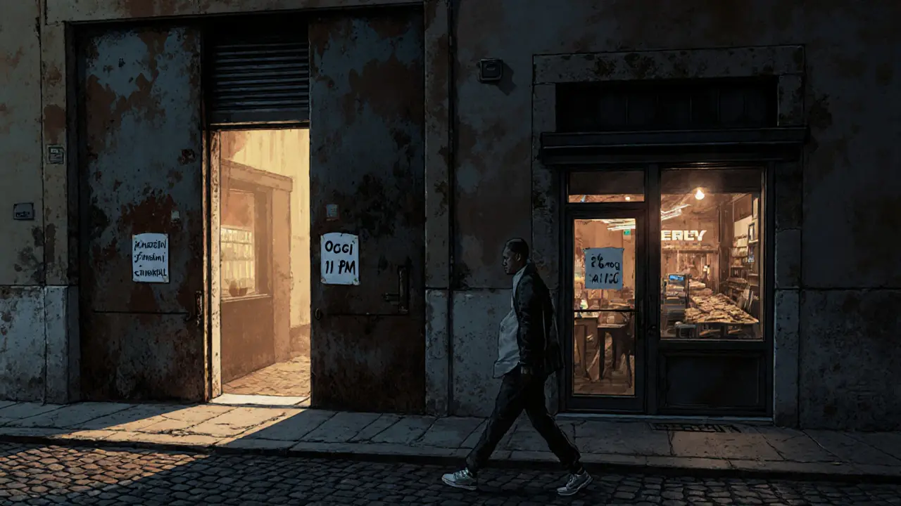 A lone person walks toward Magazzini Generali at midnight, past a 24-hour bakery, as faint light glows from its open doors.