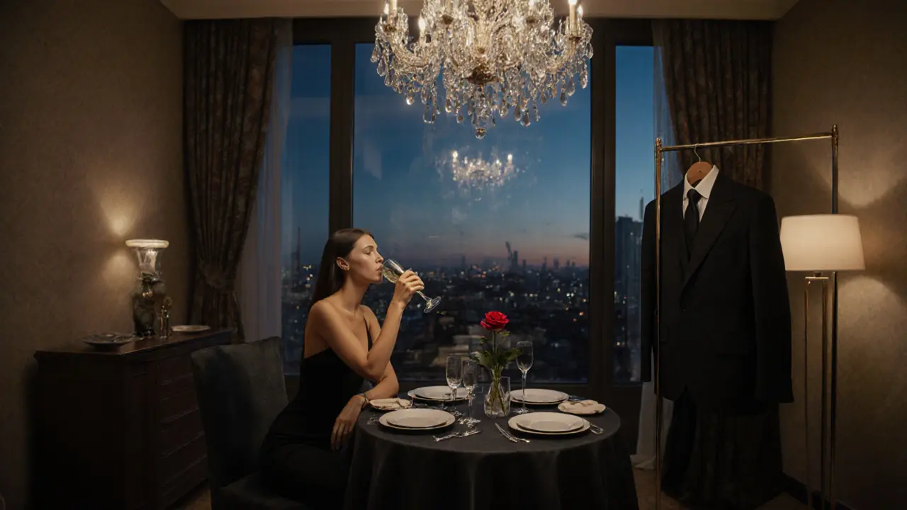 A luxurious hotel suite in Milan&#039;s fashion district with champagne and elegant decor.